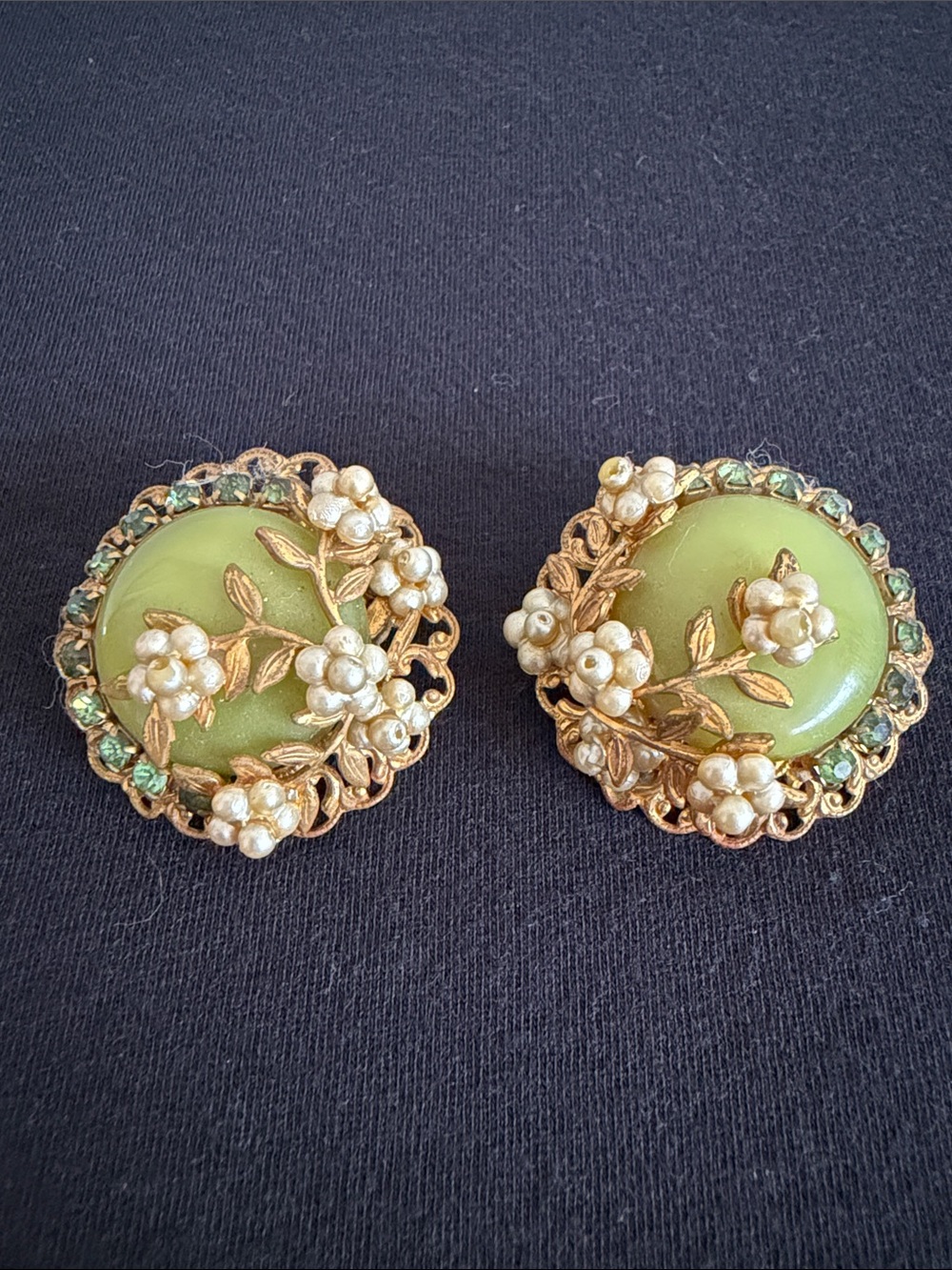 Vintage Green and Gold Floral Pearl Cluster Clip Earrings